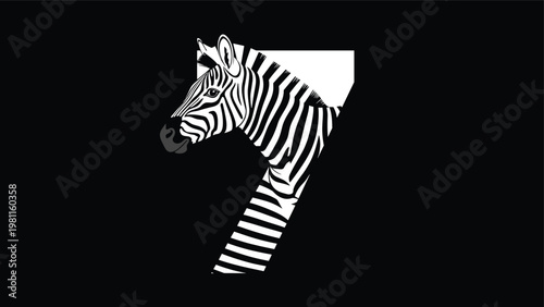 Zebra head with black and white stripes peeking through a large white number seven on a solid black background for graphic designs.