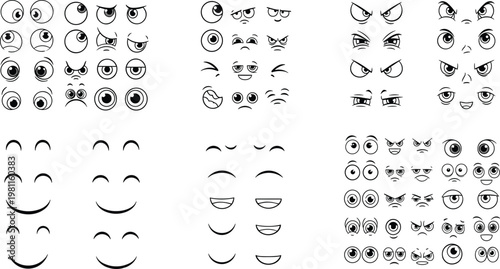 Cartoon Eyes Expression Icon Set with Funny Angry Happy Sad Surprised Looks and Character Emotion Elements Outline Vector Illustration Collection