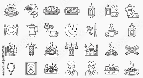 Collection of Ramadan Islamic icons and symbols for Eid al-Fitr and cultural celebrations, including mosques, lanterns, and food dishes