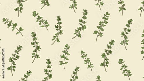 Seamless pattern of thyme or herb branches in soft green and earthy tones on a warm cream background for kitchen decor.