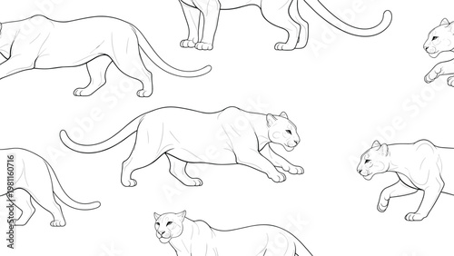 Seamless pattern featuring line art drawings of pumas or mountain lions in various walking and stalking poses on white background.