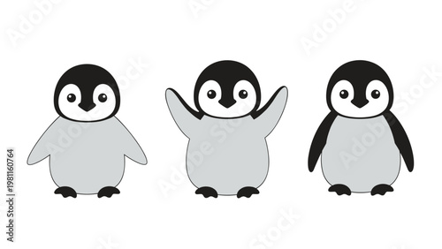 Trio of cute cartoon penguins in different poses with grey bodies and black heads isolated on a white background for winter.