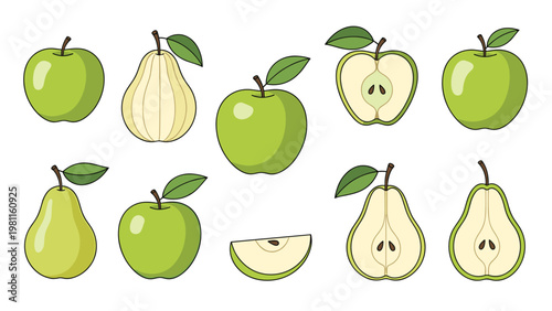 Set of fresh green apples and pears in whole and half slices with leaves and seeds isolated on a white background.