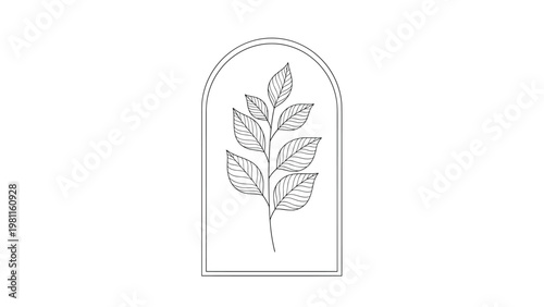 Elegant hand-drawn line art of a leafy branch enclosed within a minimalist archway frame, suitable for modern stationary or logo design.