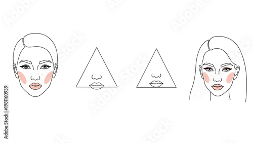 Informative makeup application guide showing facial contouring techniques for different face shapes using line art and soft pink accents.