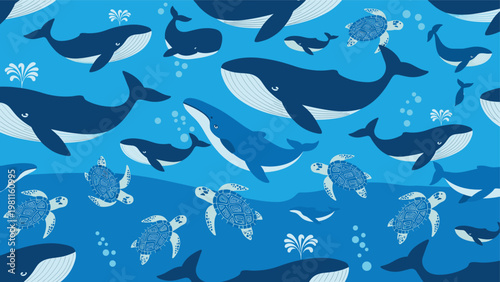 Charming seamless pattern of dark blue whales and sea turtles swimming in the ocean, featuring simple white details on a blue background.