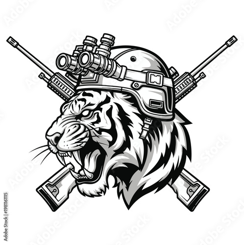 Intense tactical tiger emblem illustration depicting a fierce wild animal in combat gear, embodying strength, stealth, and readiness, capturing the spirit of a formidable force vector design