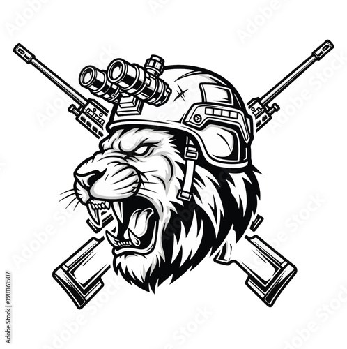 Fierce Lion Warrior Head with Crossed Rifles - Emblem of Strength and Combat Prowess Vector Design