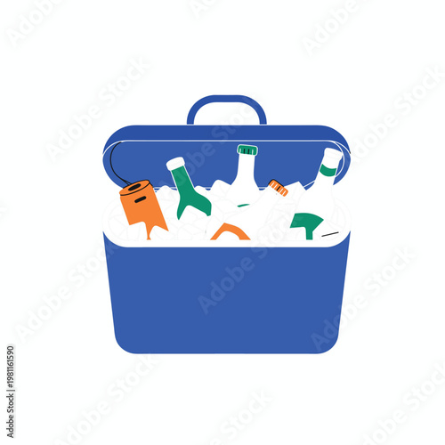 A blue cooler filled with ice and bottles of drinks on a white background