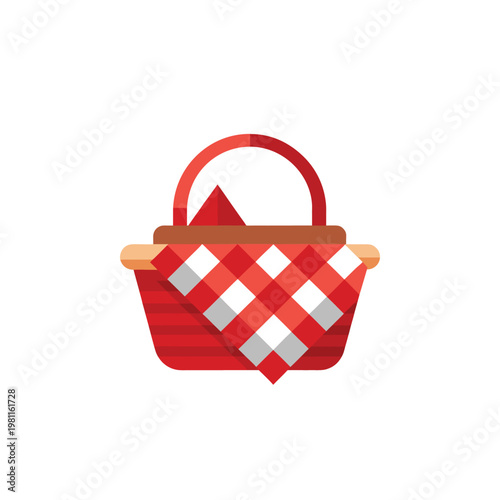 A vibrant red picnic basket with a handle and a checkered cloth, perfect for outdoor gatherings and barbecues.
