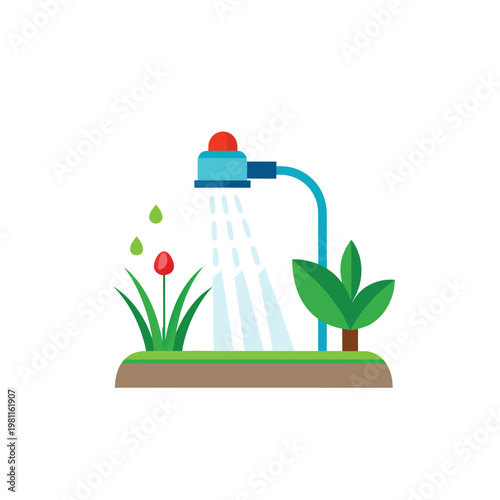 A colorful vector illustration of a sprinkler watering plants and flowers in a garden
