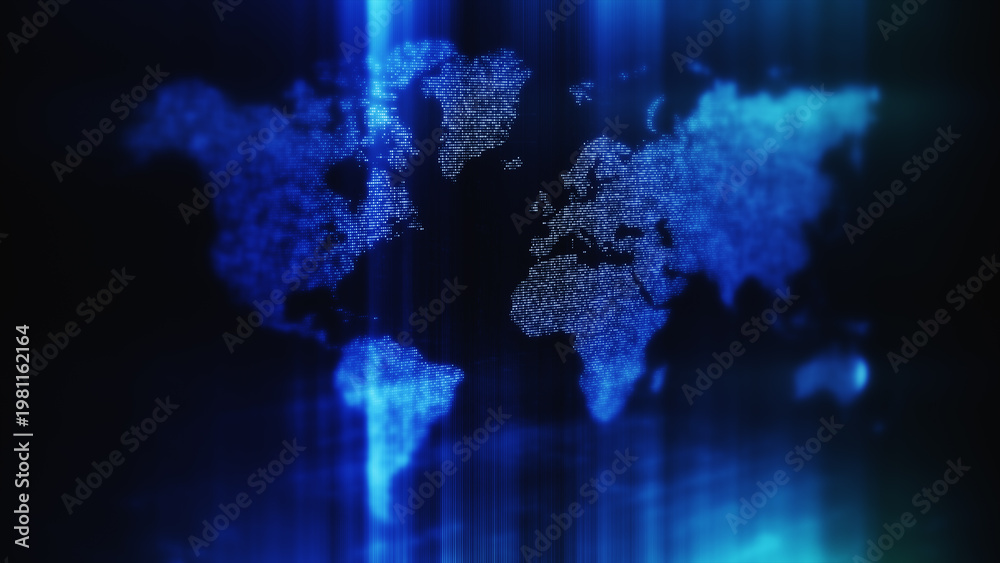 Obraz premium Global data network world map with matrix style grid, glowing HUD interface and streaming light trails, futuristic internet, IoT connectivity and digital simulation background