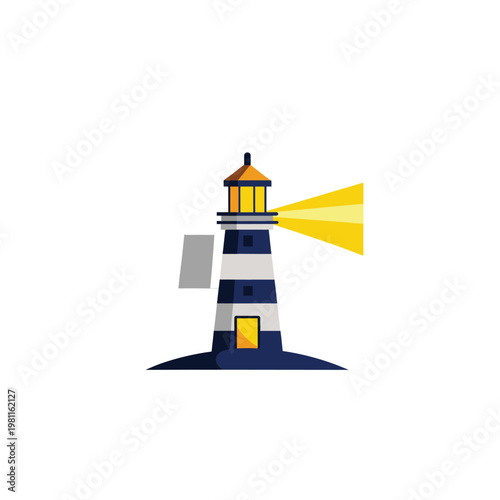 A colorful vector illustration of a lighthouse with a bright yellow beam of light shining out to sea.