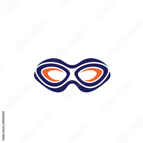 A stylized illustration of a swimming goggle in blue, orange, and white colors