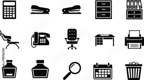 Flat design office essentials collection with workspace and communication icons  