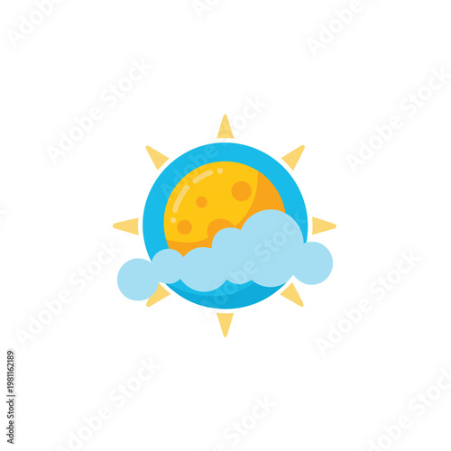 A colorful vector graphic of a sun peeking out from behind clouds