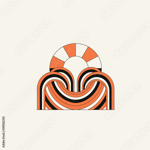 A vibrant orange and black abstract vector graphic design featuring swirling lines and geometric shapes