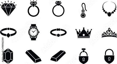 Elegant black and white jewelry and accessory icons set on white background  