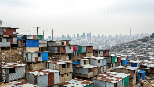 Overview of Urban Slum in Mexico with City Skyline Background