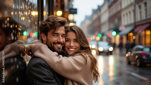 Happy Couple Smiling Outdoors in City Street with Reflections at Night