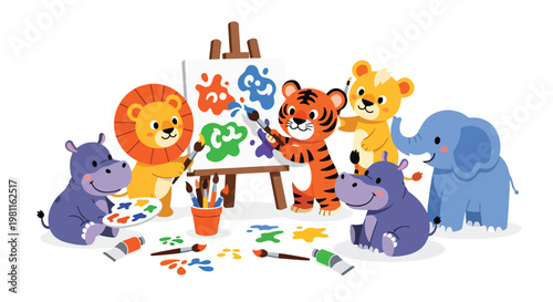 Flat style illustration of baby animals painting on canvas in art room, perfect for creative kids themes, education materials, and nursery decor illustration