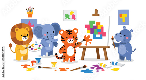 Flat style illustration of baby animals painting on canvas in art room, perfect for creative kids themes, education materials, and nursery decor illustration