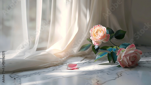 Soft Pink Roses with Delicate Drapery and Sunlight