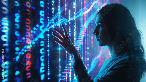 Woman interacting with an immersive digital interface, symbolizing technology, innovation, and virtual reality in a futuristic setting.