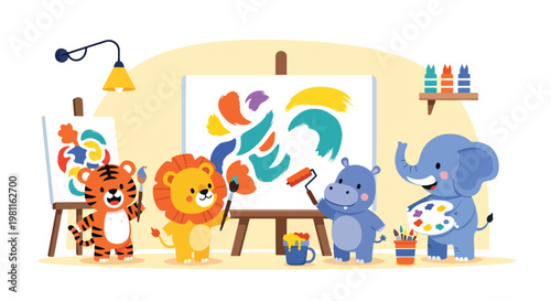 Flat style illustration of baby animals painting on canvas in art room, perfect for creative kids themes, education materials, and nursery decor illustration