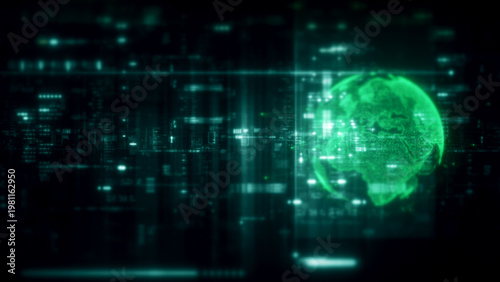 Global data network world map with matrix style grid, glowing HUD interface and streaming light trails, futuristic internet, IoT connectivity and digital simulation background