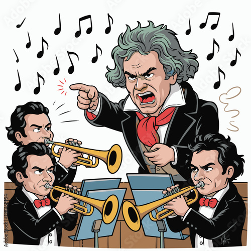 Cartoon conductor leading angry musicians playing trumpets in orchestra pit