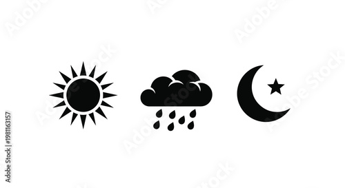 Weather icons depicting sun clouds and moon as bold silhouettes