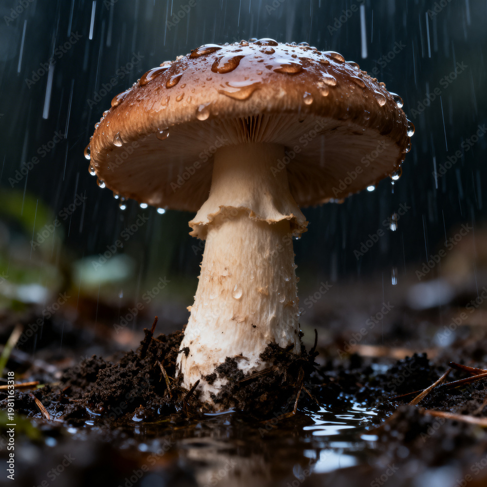 Fototapeta premium Mushroom with Water Drops in Rain, Macro Nature Photography