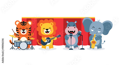 Flat style illustration of baby animals playing musical instruments on stage, perfect for kids entertainment themes, performance art, and nursery decor designs