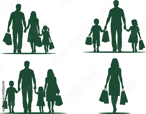 Silhouetted families and individuals carrying shopping bags, symbolizing consumer activity, lifestyle, retail, family bonding, and everyday commerce on white background
