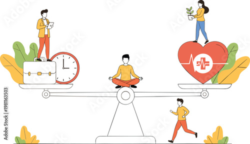 Concept of Work Life Balance Vector Illustration Featuring People Balancing Career Responsibilities and Personal Health Wellness On Large Scales in Minimalist Line Style.