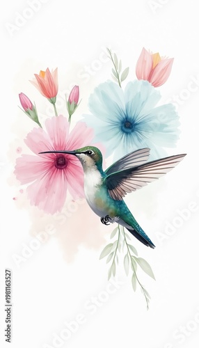 Watercolor hummingbird hovers near pastel flowers. Delicate bird wings flutter softly. Airy floral art with light colors. Gentle painting suitable for invites or decor. Artistic nature scene.
