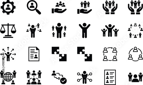 Comprehensive Human Resources and Business Management Solid Icon Set Featuring Recruitment Leadership Teamwork Corporate Governance Career Development And Global Professional Communication Symbols.