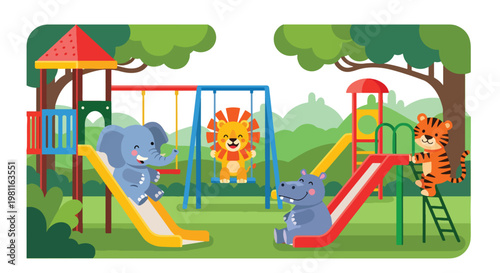 Flat style illustration of baby animals playing in playground with slides and swings, ideal for kids outdoor themes, nursery decor, and playful illustration designs