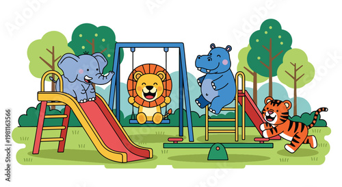 Flat style illustration of baby animals playing in playground with slides and swings, ideal for kids outdoor themes, nursery decor, and playful illustration designs