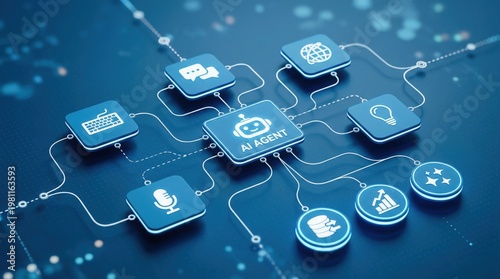 Artificial intelligence agent network diagram featuring centralized machine learning processor node connected to diverse digital interface icons on blue surface