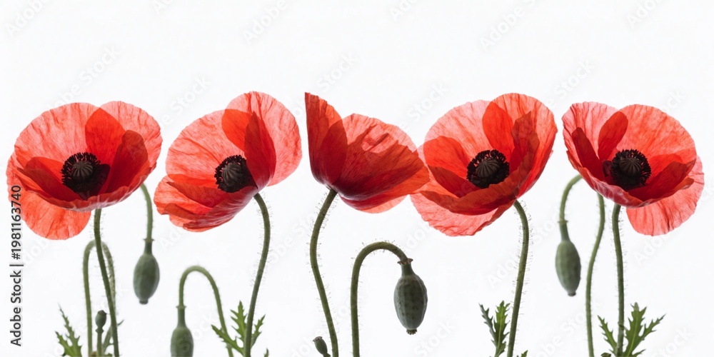 Obraz premiumA beautiful blossom of red poppy flowers with delicate petals and green stems isolated on a white background for a clean floral nature design