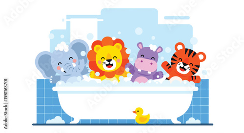 Flat style illustration of baby animals taking bath with bubbles in bathroom, perfect for hygiene themes, kids products, and playful nursery illustration designs