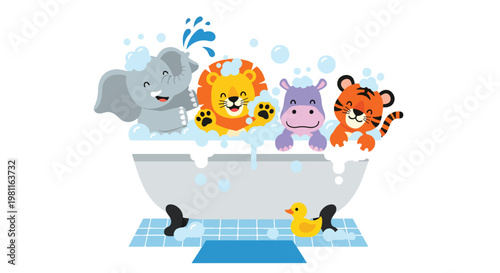 Flat style illustration of baby animals taking bath with bubbles in bathroom, perfect for hygiene themes, kids products, and playful nursery illustration designs