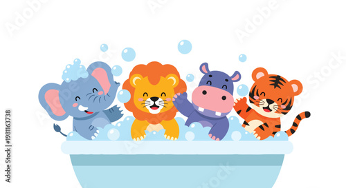 Flat style illustration of baby animals taking bath with bubbles in bathroom, perfect for hygiene themes, kids products, and playful nursery illustration designs