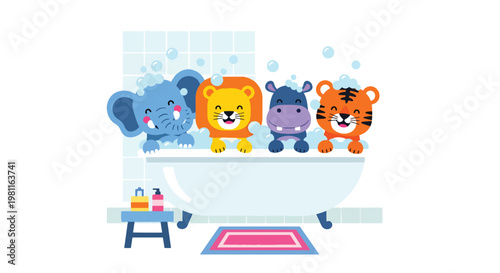 Flat style illustration of baby animals taking bath with bubbles in bathroom, perfect for hygiene themes, kids products, and playful nursery illustration designs