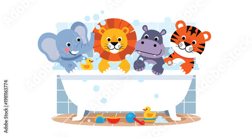 Flat style illustration of baby animals taking bath with bubbles in bathroom, perfect for hygiene themes, kids products, and playful nursery illustration designs