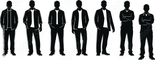 Silhouetted group of diverse business professionals standing together in formal and casual attire, showcasing teamwork, leadership, corporate identity, and professional collaboration con

