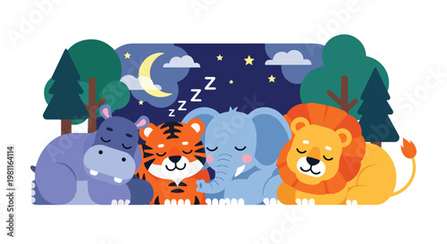 Flat style illustration of baby animals sleeping under moon and stars, ideal for bedtime stories, nursery decor, and calming kids illustration themes