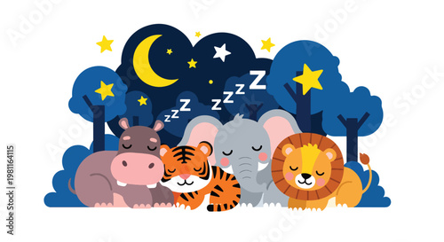 Flat style illustration of baby animals sleeping under moon and stars, ideal for bedtime stories, nursery decor, and calming kids illustration themes